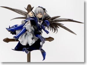Rating: Safe Score: 0 Tags: 1girl black_wings boots doll dress frills full_body hairband holding_weapon long_hair long_sleeves silver_hair solo suigintou weapon wings User: admin