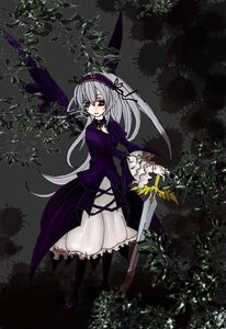 Rating: Safe Score: 0 Tags: 1girl dress flower frills full_body hairband holding holding_weapon image long_hair long_sleeves looking_at_viewer red_eyes ribbon silver_hair solo standing suigintou weapon wings User: admin