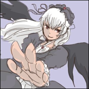 Rating: Safe Score: 0 Tags: 1girl black_wings dress flower foreshortening frills hairband image juliet_sleeves lolita_hairband long_hair long_sleeves looking_at_viewer outstretched_hand pointing_at_viewer red_eyes rose silver_hair smile solo suigintou wings User: admin