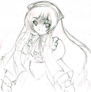 Rating: Safe Score: 0 Tags: 1girl bow bowtie dress greyscale hat image long_hair long_sleeves looking_at_viewer monochrome ribbon simple_background solo suiseiseki twintails very_long_hair white_background User: admin