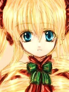 Rating: Safe Score: 0 Tags: 1girl bangs blonde_hair blue_eyes bow bowtie dress face green_bow green_neckwear image long_hair looking_at_viewer portrait red_bow shinku solo User: admin