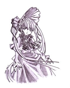Rating: Safe Score: 0 Tags: 1girl bow capelet dated dress frills image long_hair long_sleeves looking_at_viewer monochrome shinku sidelocks simple_background solo white_background User: admin
