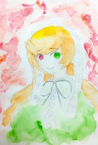 Rating: Safe Score: 0 Tags: 1girl blonde_hair closed_mouth dress frills green_eyes heterochromia image long_hair looking_at_viewer red_eyes smile solo suiseiseki traditional_media watercolor_(medium) User: admin