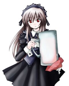 Rating: Safe Score: 0 Tags: 1girl black_dress blush brown_hair cowboy_shot dress holding image long_hair long_sleeves looking_at_viewer red_eyes simple_background smile solo suigintou white_background User: admin