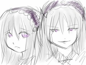 Rating: Safe Score: 0 Tags: 2girls eyebrows_visible_through_hair face hairband half-closed_eyes image long_hair looking_at_viewer multiple_girls pink_eyes purple_eyes ribbon signature simple_background sketch smile solo suigintou white_background User: admin