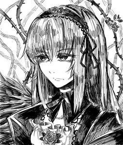 Rating: Safe Score: 0 Tags: 1girl closed_mouth dress flower frills greyscale hairband image long_hair monochrome ribbon rose solo suigintou upper_body wings User: admin