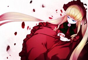 Rating: Safe Score: 0 Tags: 1girl blonde_hair blue_eyes bonnet bow cup dress flower holding_cup image long_hair petals rose rose_petals saucer shinku sitting solo tea teacup twintails User: admin