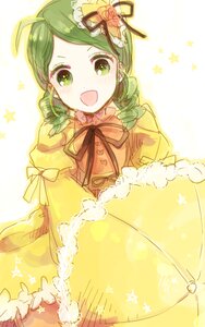 Rating: Safe Score: 0 Tags: 1girl :d ahoge dress flower green_eyes green_hair hair_flower hair_ornament image kanaria long_sleeves open_mouth ribbon rose smile solo star_(symbol) striped_background yellow_dress User: admin