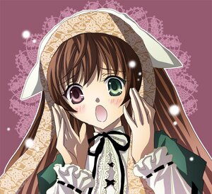 Rating: Safe Score: 0 Tags: 1girl :o black_ribbon blush brown_hair dress green_dress green_eyes head_scarf heterochromia image long_hair long_sleeves looking_at_viewer open_mouth ribbon solo suiseiseki upper_body User: admin