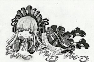 Rating: Safe Score: 0 Tags: 1girl ankle_boots blush boots dress drill_hair frills full_body greyscale image lolita_fashion long_hair long_sleeves looking_at_viewer lying monochrome on_stomach shinku solo traditional_media very_long_hair User: admin