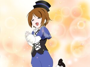 Rating: Safe Score: 0 Tags: 1girl bow brown_hair capelet closed_eyes hat image long_sleeves open_mouth short_hair skirt smile solo souseiseki top_hat User: admin