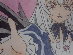 Rating: Safe Score: 0 Tags: 1girl choker close-up dress flower frills image long_hair long_sleeves looking_at_viewer neck_ribbon open_mouth ribbon rose simple_background smile solo suigintou traditional_media upper_body User: admin