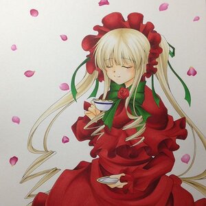 Rating: Safe Score: 0 Tags: 1girl blonde_hair bonnet bow closed_eyes cup dress flower holding_cup image long_hair long_sleeves marker_(medium) petals red_flower red_rose rose rose_petals saucer shinku sidelocks solo tea teacup traditional_media twintails User: admin