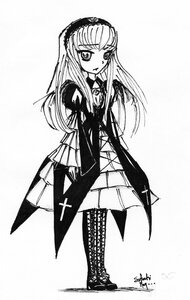 Rating: Safe Score: 0 Tags: 1girl boots dress full_body greyscale hairband image long_hair long_sleeves looking_at_viewer monochrome signature solo standing suigintou User: admin