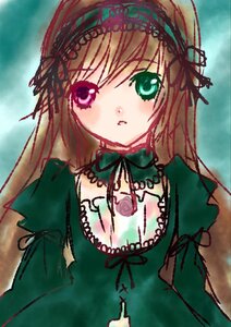 Rating: Safe Score: 0 Tags: 1girl black_ribbon blush brown_hair costume_switch detached_collar dress frills green_dress green_eyes hairband heterochromia image long_hair long_sleeves looking_at_viewer solo suiseiseki upper_body User: admin