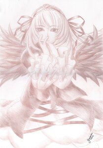 Rating: Safe Score: 0 Tags: 1girl black_wings covering_mouth dress feathered_wings floating_hair frilled_sleeves frills hairband image long_hair long_sleeves looking_at_viewer monochrome signature simple_background solo suigintou traditional_media upper_body very_long_hair white_background wings User: admin