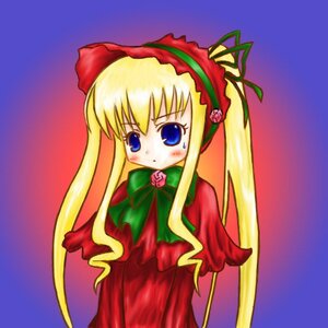 Rating: Safe Score: 0 Tags: 1girl blonde_hair blue_eyes blush bow bowtie dress green_bow long_hair long_sleeves red_dress shinku simple_background solo twintails User: admin