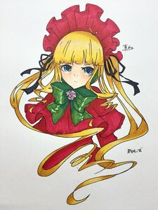 Rating: Safe Score: 0 Tags: 1girl bangs blonde_hair blue_eyes blush bonnet bow bowtie dress flower green_bow image long_hair long_sleeves looking_at_viewer red_capelet red_dress rose shinku sidelocks signature simple_background solo traditional_media twintails upper_body User: admin