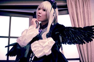 Rating: Safe Score: 0 Tags: 1girl black_dress black_wings blonde_hair curtains dress feathered_wings hairband indoors lips long_hair long_sleeves solo suigintou upper_body window wings User: admin
