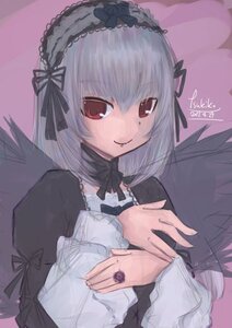 Rating: Safe Score: 0 Tags: 1girl black_ribbon closed_mouth dress frills hairband image juliet_sleeves long_hair long_sleeves looking_at_viewer puffy_sleeves red_eyes ribbon silver_hair simple_background smile solo suigintou upper_body wings User: admin