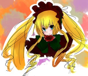 Rating: Safe Score: 0 Tags: 1girl blonde_hair blue_eyes bow bowtie dress flower green_bow image long_hair long_sleeves looking_at_viewer rose shinku solo twintails very_long_hair User: admin