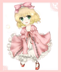 Rating: Safe Score: 0 Tags: 1girl blonde_hair bow dress frills green_eyes hair_bow hina_ichigo hinaichigo image long_sleeves looking_at_viewer open_mouth pink_bow pink_dress puffy_sleeves red_footwear shoes short_hair sitting smile solo striped striped_background vertical_stripes white_legwear User: admin