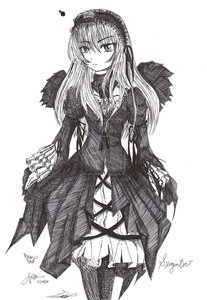 Rating: Safe Score: 0 Tags: 1girl dated dress frills greyscale hairband image long_hair long_sleeves looking_at_viewer monochrome signature solo standing suigintou traditional_media wings User: admin