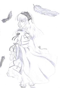 Rating: Safe Score: 0 Tags: 1girl bird dress feathers flower frilled_sleeves frills hairband image long_hair long_sleeves monochrome ribbon simple_background smile solo suigintou wings User: admin