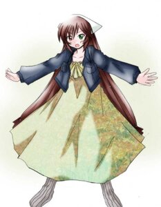 Rating: Safe Score: 0 Tags: 1girl :o brown_hair collarbone dress full_body green_eyes heterochromia image long_hair long_sleeves looking_at_viewer open_mouth outstretched_arms solo standing striped suiseiseki white_background white_dress User: admin