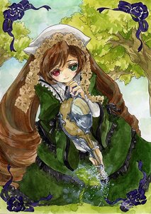 Rating: Safe Score: 0 Tags: 1girl brown_hair dress frills green_dress hat heterochromia holding image long_hair long_sleeves looking_at_viewer outdoors plant red_eyes solo suiseiseki traditional_media tree very_long_hair vines watering_can User: admin
