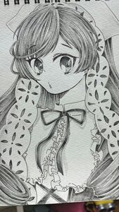 Rating: Safe Score: 0 Tags: 1girl bonnet frills graphite_(medium) greyscale image long_hair looking_at_viewer monochrome neck_ribbon photo solo suiseiseki traditional_media twintails umbrella upper_body User: admin