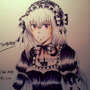 Rating: Safe Score: 0 Tags: 1girl bangs black_dress black_ribbon closed_mouth dress eyebrows_visible_through_hair gothic_lolita hairband image juliet_sleeves lolita_fashion long_hair long_sleeves looking_at_viewer puffy_sleeves red_eyes ribbon silver_hair solo suigintou traditional_media upper_body User: admin