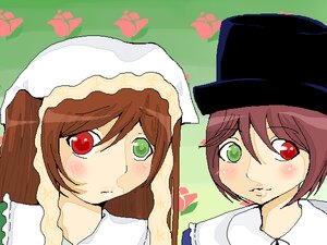 Rating: Safe Score: 0 Tags: 2girls bangs blush brown_hair frills green_background green_eyes hat head_scarf heterochromia image long_hair looking_at_viewer multiple_girls pair red_eyes short_hair siblings simple_background sisters souseiseki suiseiseki top_hat twins User: admin