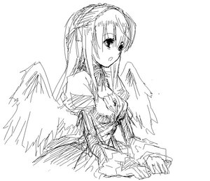 Rating: Safe Score: 0 Tags: 1girl angel_wings blush breasts dress eyebrows_visible_through_hair feathered_wings feathers greyscale hairband image juliet_sleeves long_hair long_sleeves monochrome open_mouth ribbon simple_background solo suigintou white_background wings User: admin