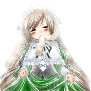 Rating: Safe Score: 0 Tags: 1girl blush dress frills green_dress hat heterochromia image long_hair long_sleeves red_eyes simple_background solo suiseiseki very_long_hair white_background User: admin