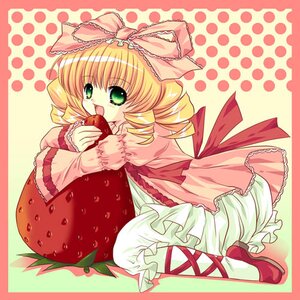 Rating: Safe Score: 0 Tags: 1girl apple blonde_hair bow dress drill_hair food frills fruit green_eyes halftone halftone_background hina_ichigo hinaichigo holding_fruit image long_sleeves object_namesake pantyhose pink_bow pink_dress polka_dot polka_dot_background solo strawberry User: admin