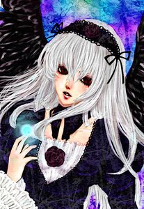 Rating: Safe Score: 0 Tags: 1girl black_wings detached_collar dress feathered_wings feathers flower frills hairband image long_hair long_sleeves looking_at_viewer red_eyes rose silver_hair solo suigintou traditional_media wings User: admin