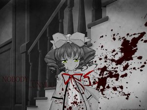 Rating: Safe Score: 0 Tags: 1girl artist_name blood blood_on_face blood_splatter blood_stain bloody_clothes bloody_hands bloody_weapon bow copyright_name dress drill_hair hinaichigo image looking_at_viewer monochrome ribbon short_hair smile solo spot_color User: admin