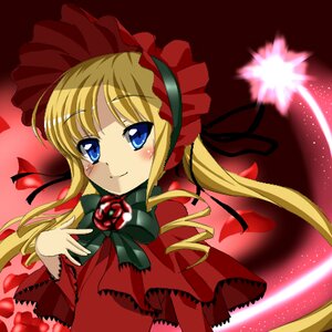 Rating: Safe Score: 0 Tags: 1girl blonde_hair blue_eyes blush bow bowtie capelet dress flower green_bow image long_hair long_sleeves looking_at_viewer red_dress ribbon rose shinku sidelocks smile solo User: admin