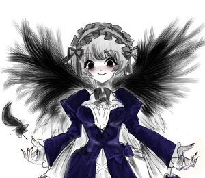 Rating: Safe Score: 0 Tags: 1girl black_wings blush bow breasts detached_collar dress feathered_wings feathers frills hairband image lolita_hairband long_hair long_sleeves looking_at_viewer monochrome simple_background smile solo suigintou white_background wings User: admin