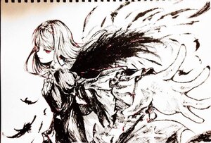 Rating: Safe Score: 0 Tags: 1girl animal auto_tagged bird crow dove dress feathered_wings feathers image long_hair long_sleeves looking_back monochrome red_eyes solo spot_color suigintou traditional_media wings User: admin