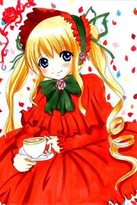 Rating: Safe Score: 0 Tags: 1girl blonde_hair blue_eyes blush bonnet bow bowtie capelet cup dress drill_hair flower green_bow green_neckwear holding holding_cup image long_hair long_sleeves looking_at_viewer petals red_dress rose rose_petals saucer shinku sidelocks smile solo tea teacup twintails very_long_hair User: admin