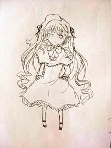 Rating: Safe Score: 0 Tags: 1girl capelet dress drill_hair full_body hair_ribbon image long_hair long_sleeves looking_at_viewer monochrome ribbon shinku solo standing traditional_media very_long_hair User: admin