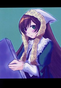 Rating: Safe Score: 0 Tags: 1girl blush brown_hair dress frills green_eyes head_scarf heterochromia image letterboxed long_hair long_sleeves looking_at_viewer red_eyes simple_background solo suiseiseki upper_body User: admin