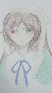 Rating: Safe Score: 0 Tags: 1girl auto_tagged blue_neckwear blue_ribbon closed_mouth green_eyes heterochromia image looking_at_viewer neck_ribbon pale_color red_eyes ribbon short_hair simple_background smile solo suiseiseki traditional_media upper_body User: admin