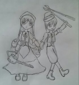 Rating: Safe Score: 0 Tags: 2girls :d dress full_body greyscale hat holding holding_hands image long_hair long_sleeves monochrome multiple_girls neck_ribbon open_mouth pair short_hair simple_background sketch smile souseiseki standing suiseiseki traditional_media weapon User: admin