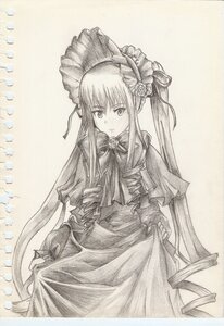 Rating: Safe Score: 0 Tags: 1girl bonnet bow capelet dress flower frills hair_flower hair_ornament image long_hair long_sleeves looking_at_viewer monochrome rose shinku sidelocks skirt_hold solo traditional_media very_long_hair User: admin