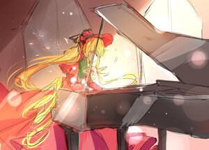 Rating: Safe Score: 0 Tags: 1girl blonde_hair closed_eyes dress flower image long_hair long_sleeves petals red_dress shinku sitting solo twintails very_long_hair window User: admin