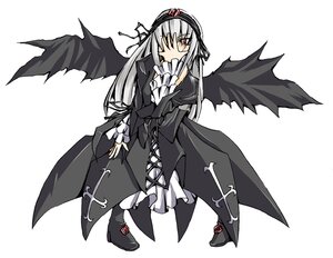 Rating: Safe Score: 0 Tags: 1girl black_wings boots dress flower full_body hairband hand_to_own_mouth image long_hair long_sleeves rose simple_background solo striped suigintou white_background wings User: admin