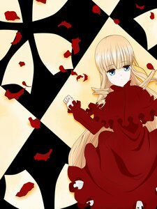 Rating: Safe Score: 0 Tags: 1girl blonde_hair blue_eyes capelet checkered checkered_background checkered_floor dress drill_hair flower image long_hair looking_at_viewer petals red_dress rose_petals shinku solo User: admin